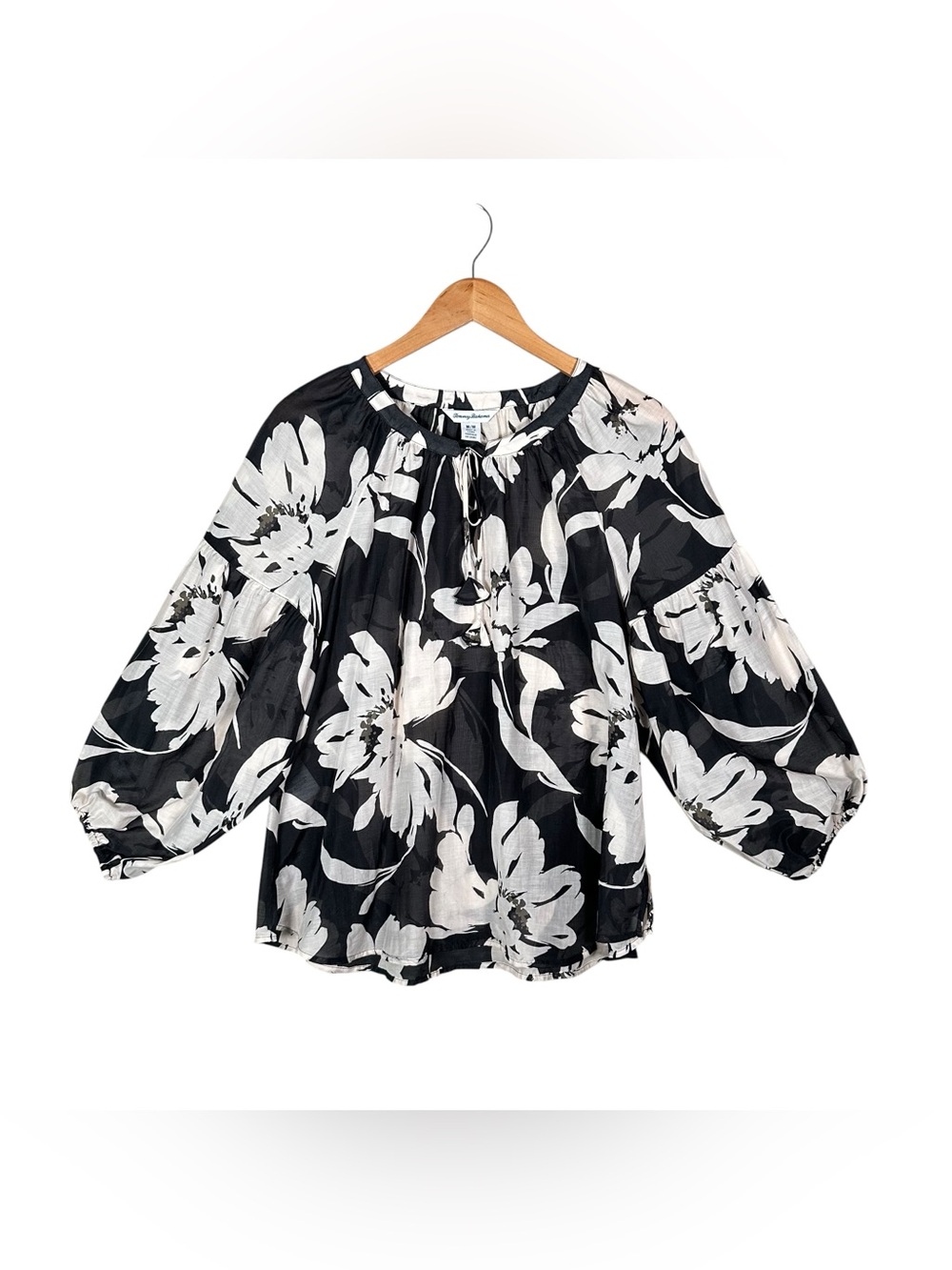 TOMMY BAHAMA Airy Silk Cotton Dark Floral Tasseled Popover Blouse
